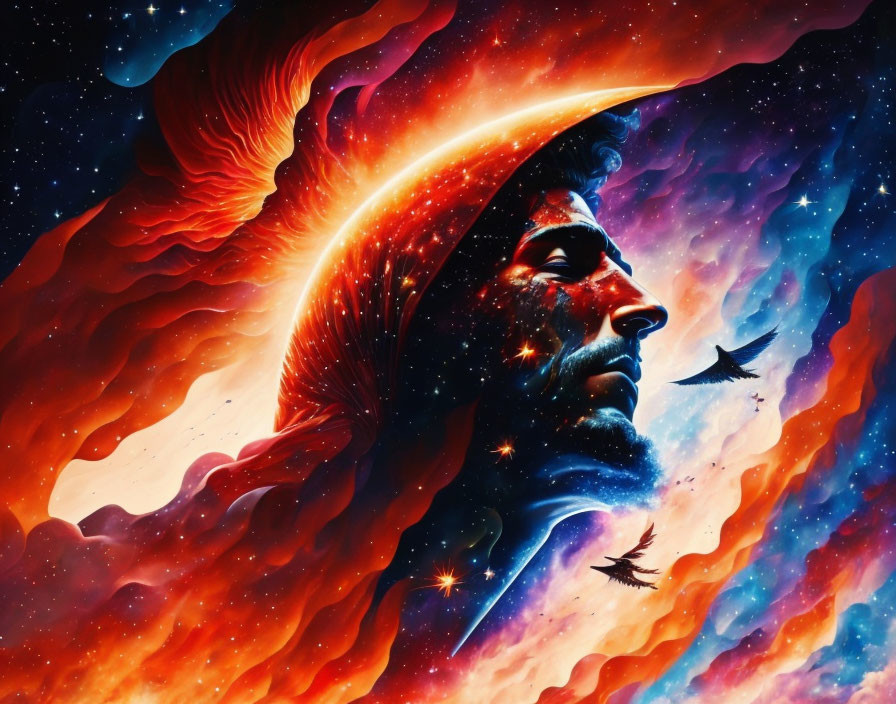 Colorful digital artwork: man's profile merges with cosmic background, stars, nebulae, fiery