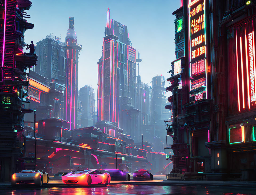 Futuristic twilight cityscape with neon-lit skyscrapers and sleek cars