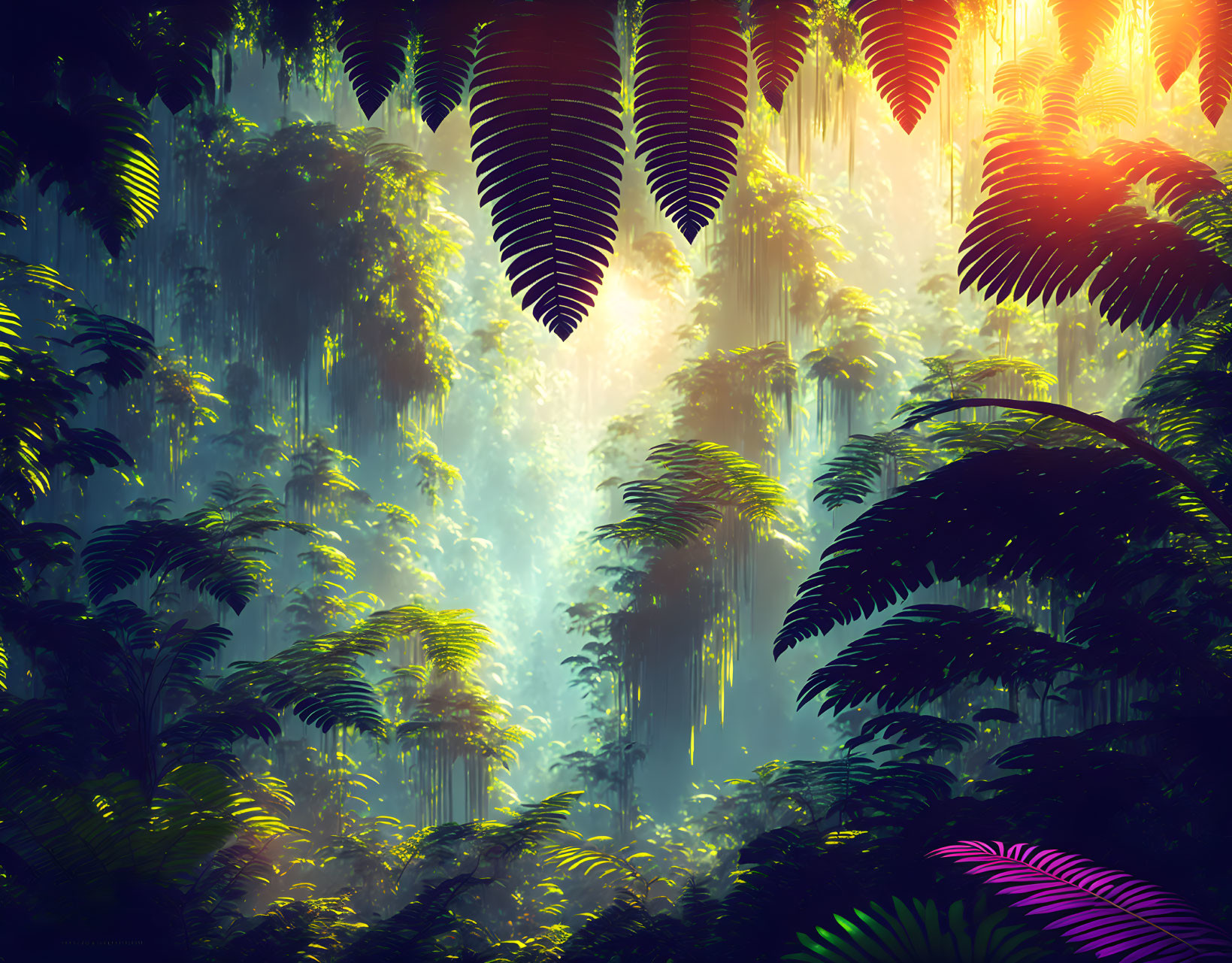 Sunlit Tropical Forest with Dense Foliage & Greenery