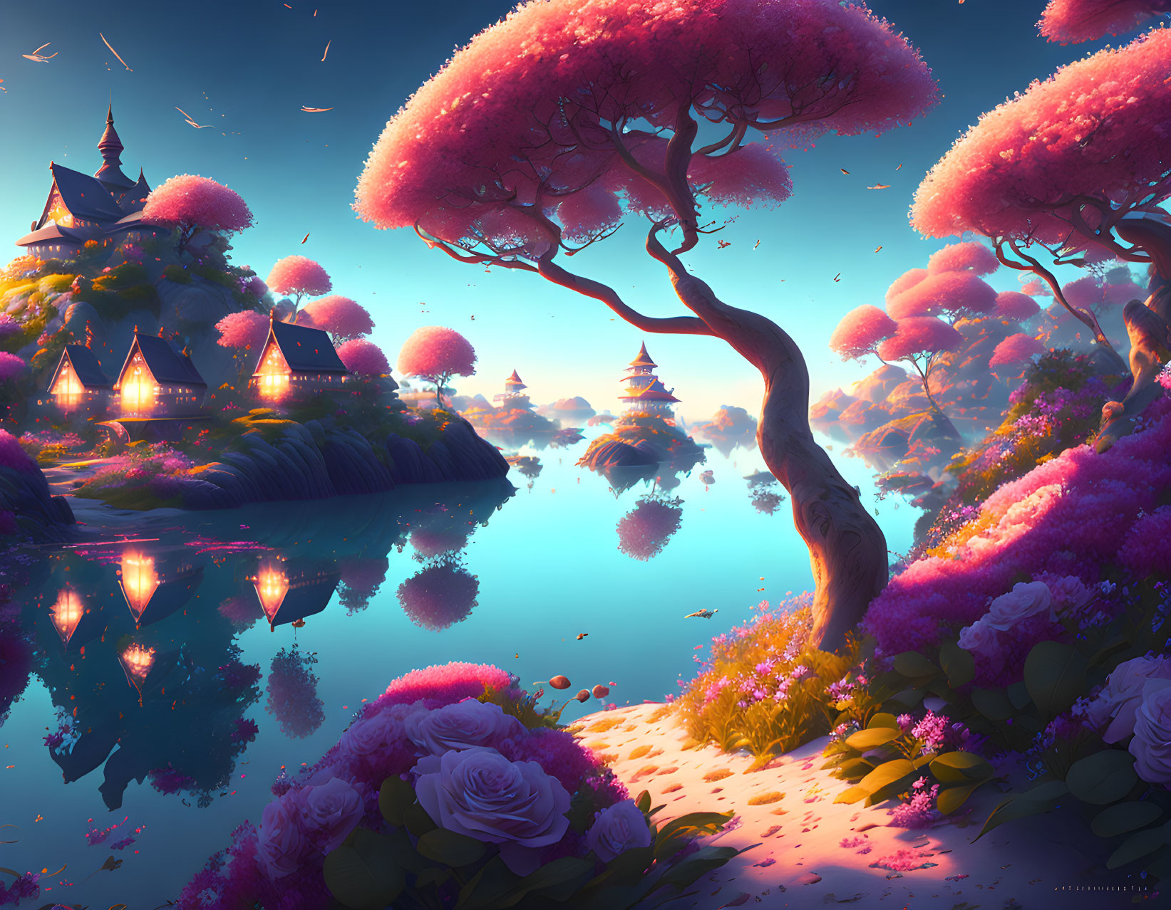 Twilight fantasy landscape with pink blossom trees and calm lake