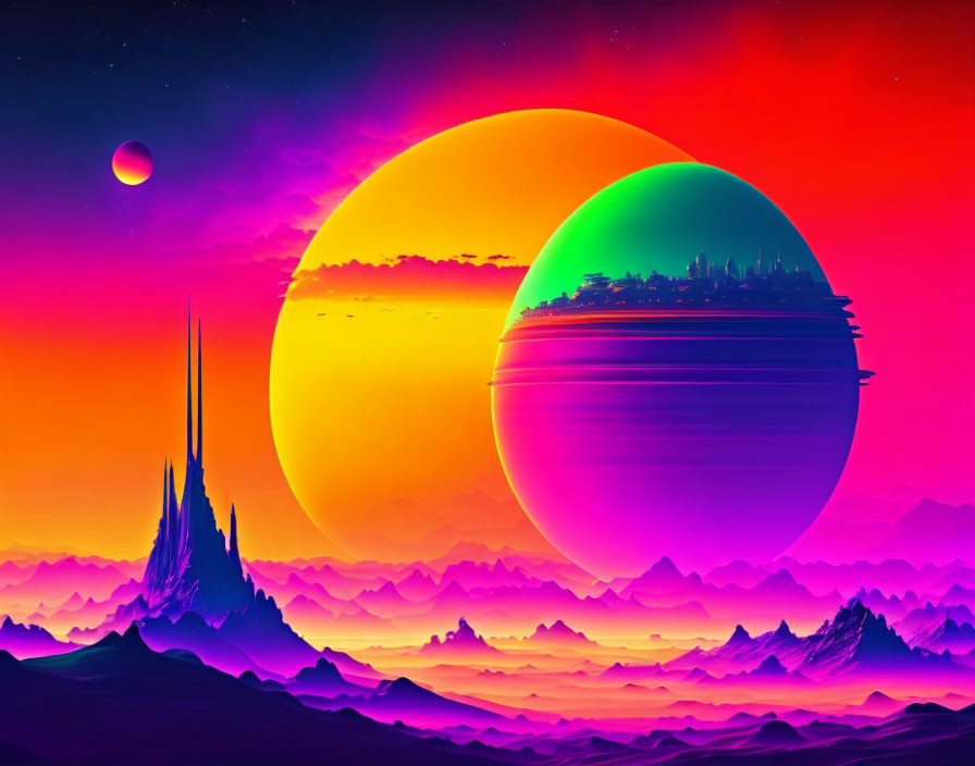 Futuristic digital art: Oversized planets in neon-lit landscape