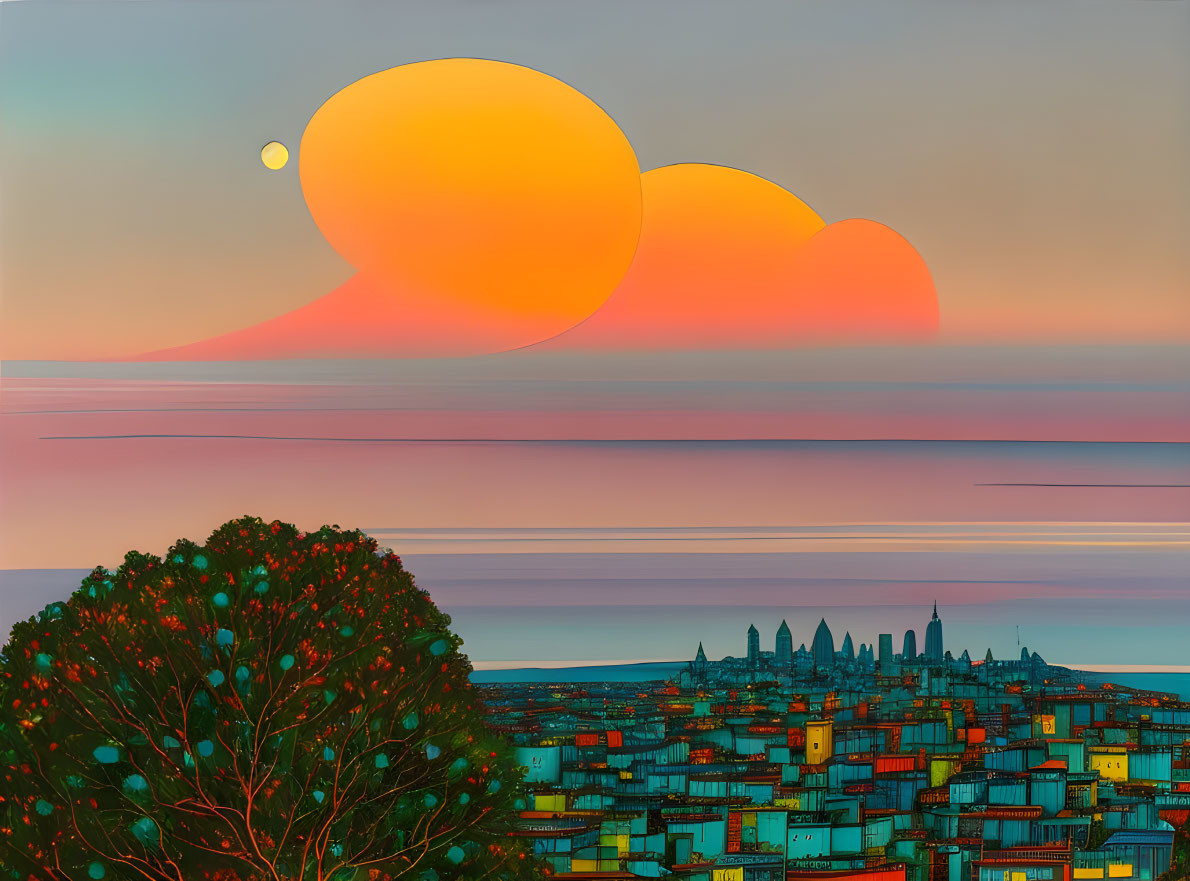 Cityscape Sunset Artwork with Colorful Circles & Tree