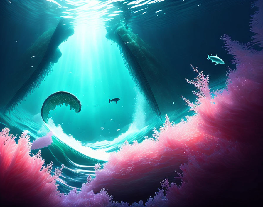 Vibrant pink coral, large whales silhouettes, and sunbeams in underwater scene