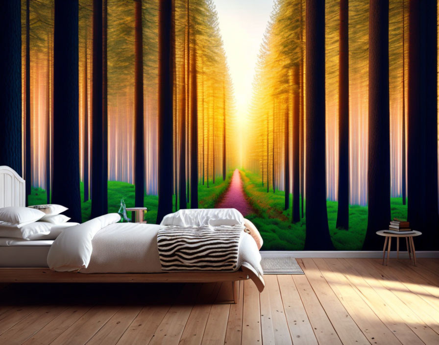 Sunlit forest wall mural in bedroom with white bedding and wooden floor