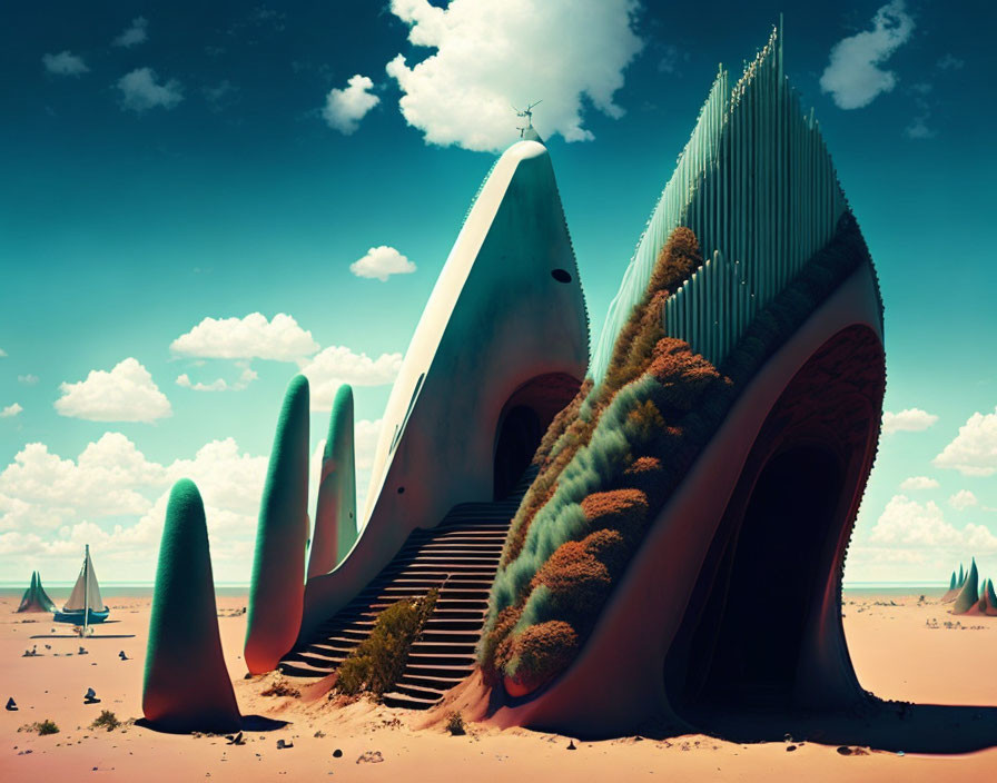 Futuristic surreal building in desert landscape with musical instrument-like spikes