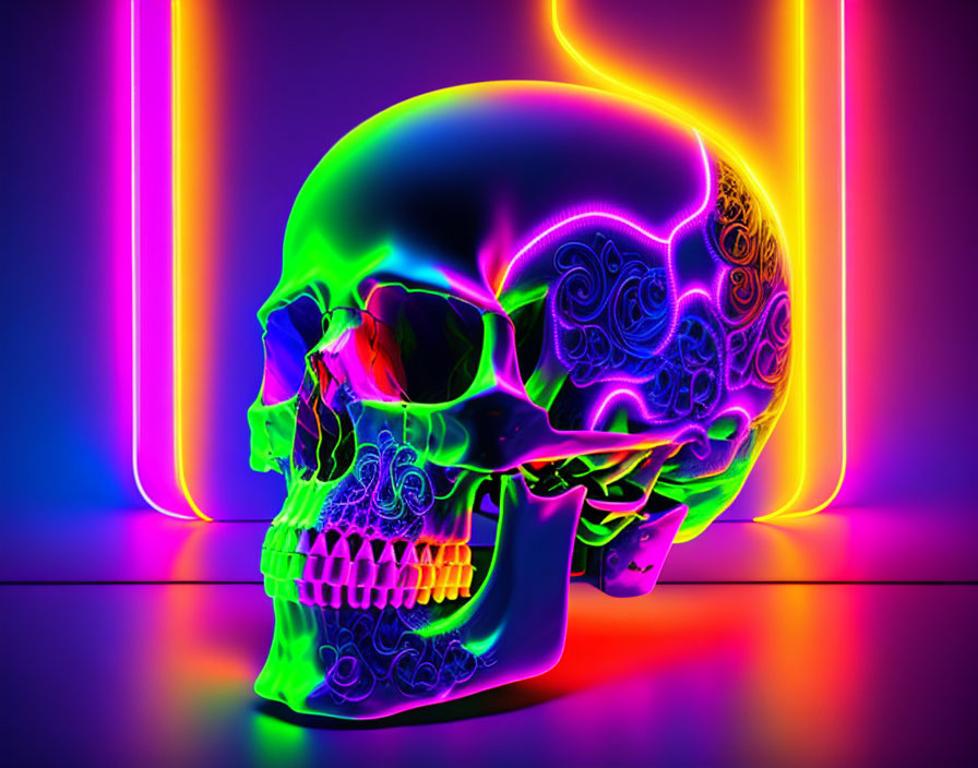 Colorful Neon-Lit Skull Against Vibrant Background