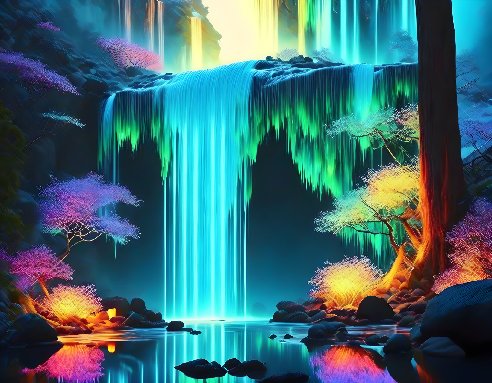 Colorful digital artwork: Cascading waterfall with neon lights, glowing trees, serene pond