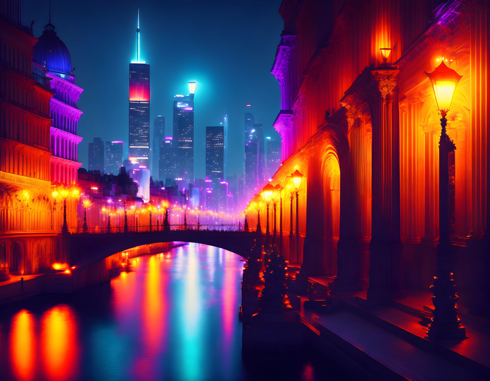 Night cityscape with purple and blue hues, illuminated bridge, classical architecture, and distant skyscrapers