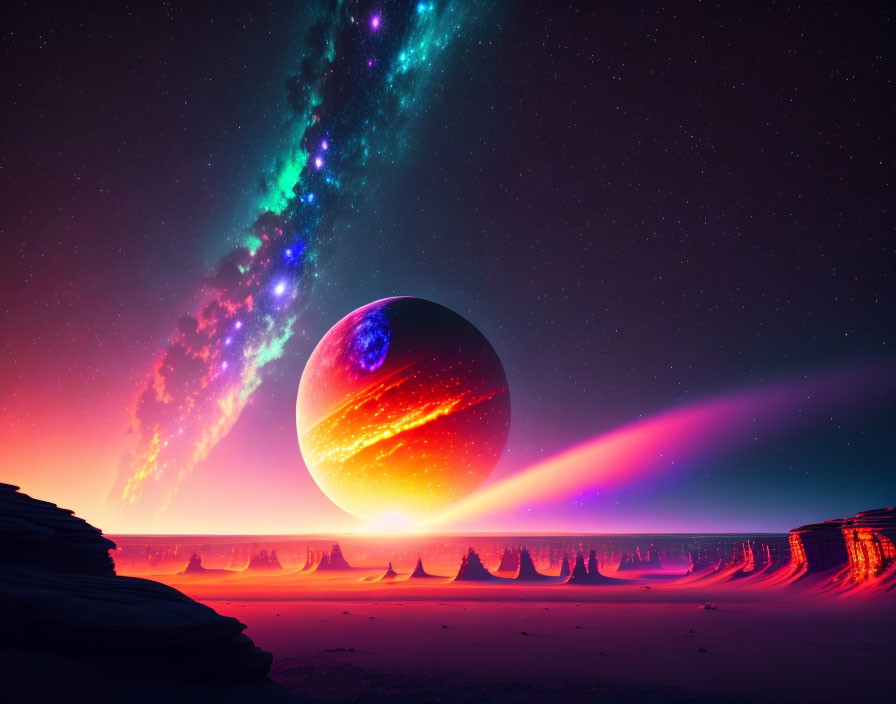 Colorful Sci-Fi Landscape with Massive Planet and Starry Sky