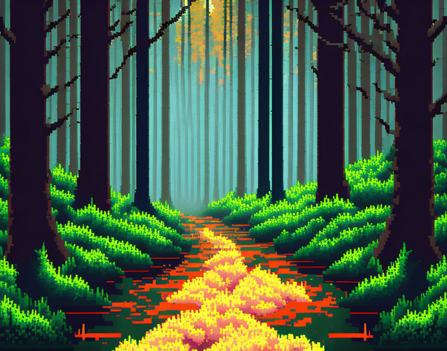 Vibrant pixel art forest scene with central path