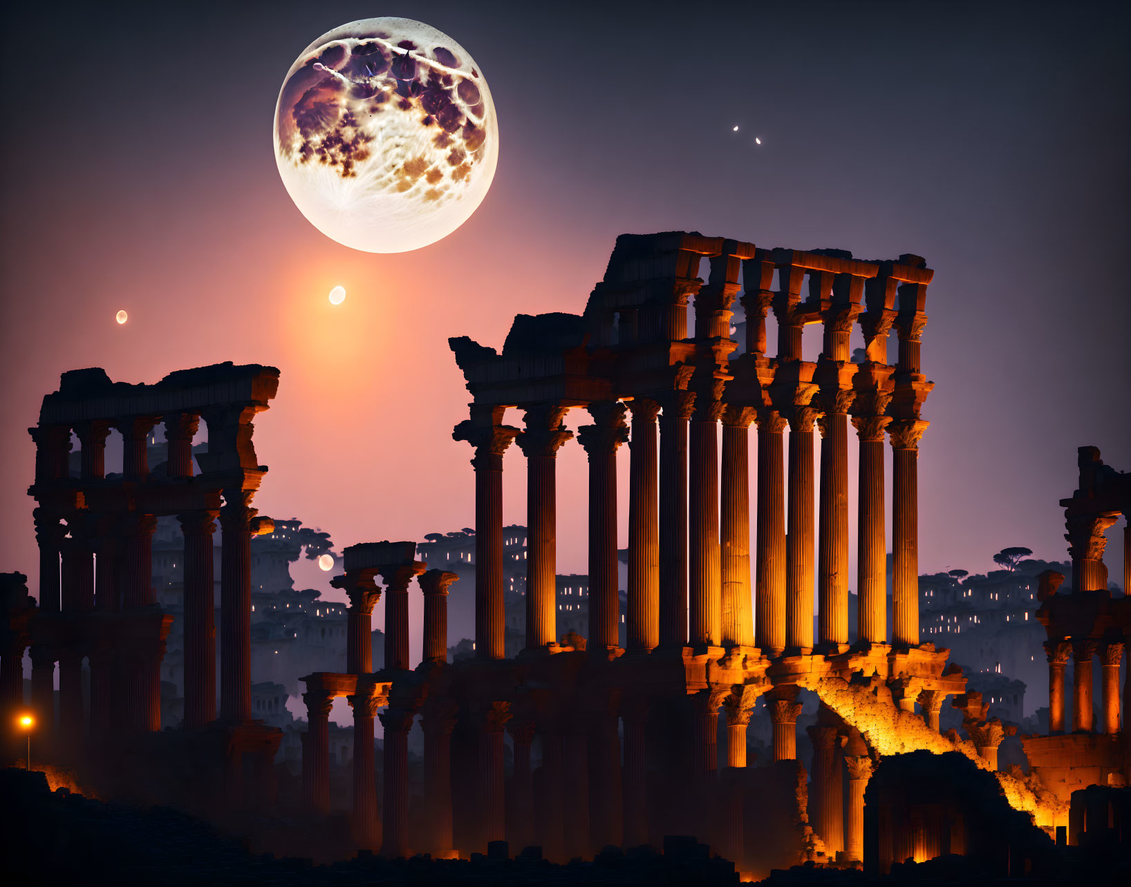 Detailed Moon Rising Behind Ancient Roman Ruins at Twilight