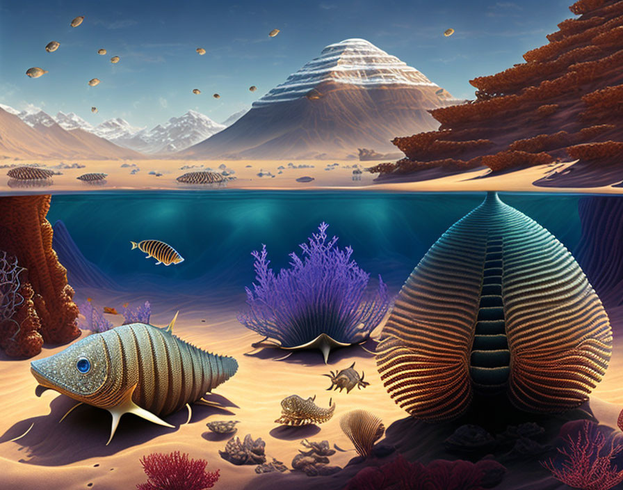 Colorful Coral Reef with Shell-like Fish and Snowy Mountain Background