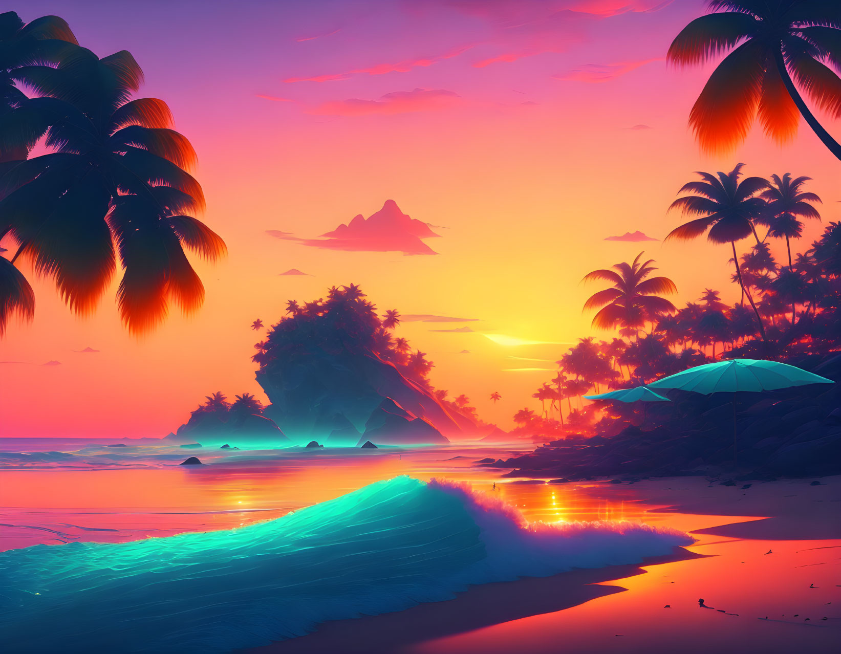 Tropical beach sunset with neon colors, palm trees, glowing waves, and mountain silhouette