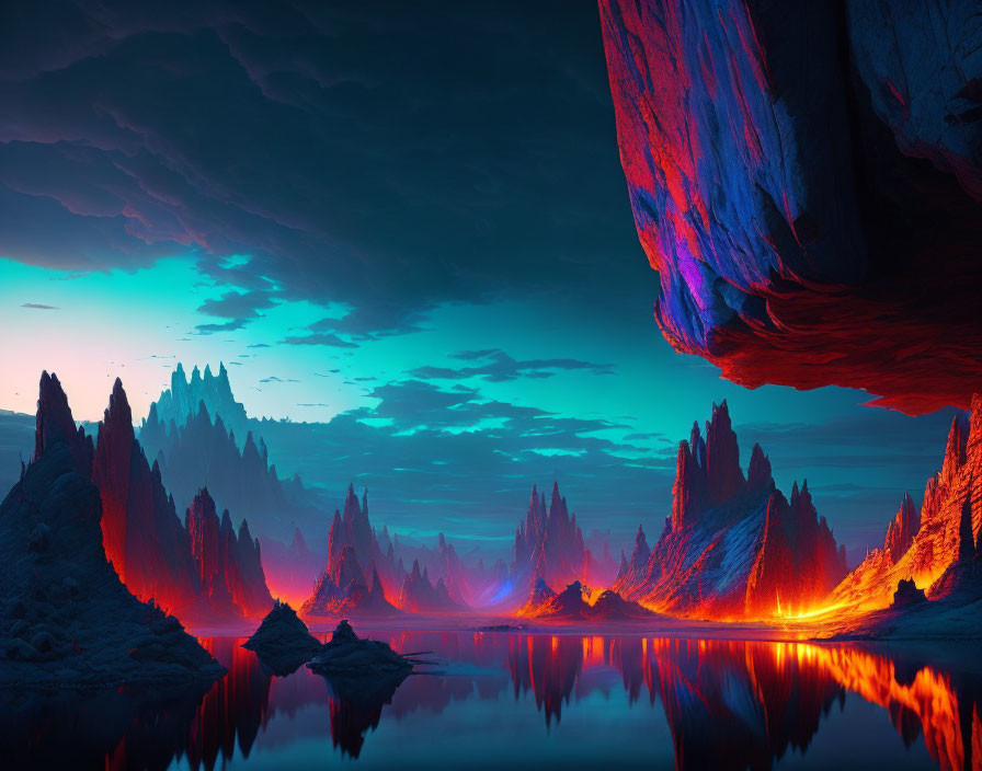 Surreal digital art landscape with lava rivers, peaks, and serene lake