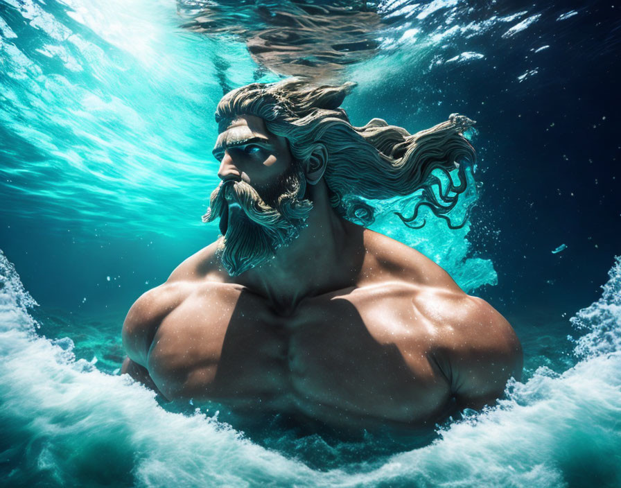 Bearded figure with flowing hair underwater in vibrant blue tones