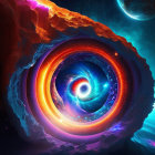 Colorful digital artwork: Swirling cosmic vortex in blue, orange, and purple.