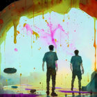 Silhouetted figures in front of vibrant circular portal on abstract background