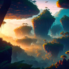 Colorful fantasy landscape with floating islands, waterfalls, pagodas under sunset sky