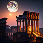 Detailed Moon Rising Behind Ancient Roman Ruins at Twilight