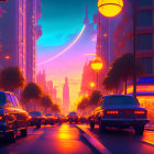 Cityscape at Dusk: Neon Lights, Vintage Cars, and Lone Figure