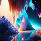 Fantasy cave digital art: colorful stalactites, serene lake, luminous mountains.