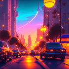 Colorful City Twilight Scene with Silhouettes of People and Urban Architecture