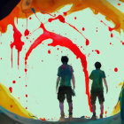 Silhouetted figures in front of red and yellow paint splash on dark background