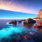 Scenic seascape: red cliffs, islets, turquoise waters, streaked sky