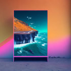 Surreal artwork: portal frame with inverted desert cliffs, ocean, and gradient sky