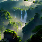 Lush tropical rainforest with cascading waterfalls