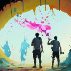 Silhouetted figures against colorful paint on dark backdrop