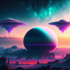 Sci-fi landscape with three UFOs, giant planet, neon sky, rocky terrain