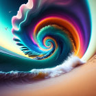 Vibrant surreal wave with bird and sandy shore