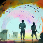 Silhouetted figures in front of colorful paint-splattered cave opening