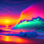 Neon-lit wave against sunset in vibrant colors