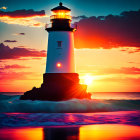 Scenic sunset behind illuminated lighthouse by crashing waves