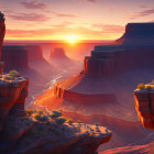 Sunlit canyon with towering red rock formations under golden sunrise sky