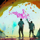 Vibrant pink paint splatter with two figures in cave-like setting