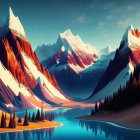 Colorful pointed mountains in serene digital landscape