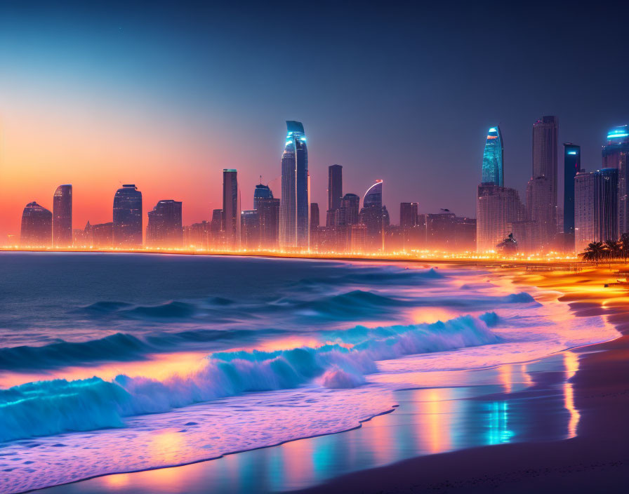 Vibrant twilight cityscape with illuminated skyscrapers and beach sunset