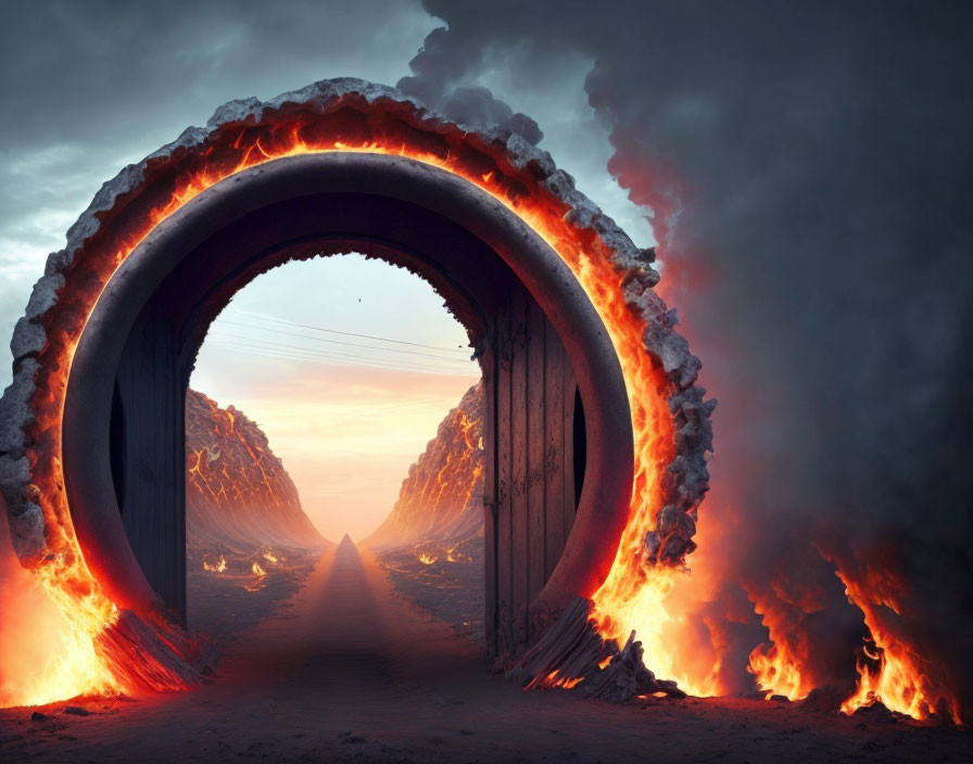 Surreal fiery circular portal overlooking road to distant mountains