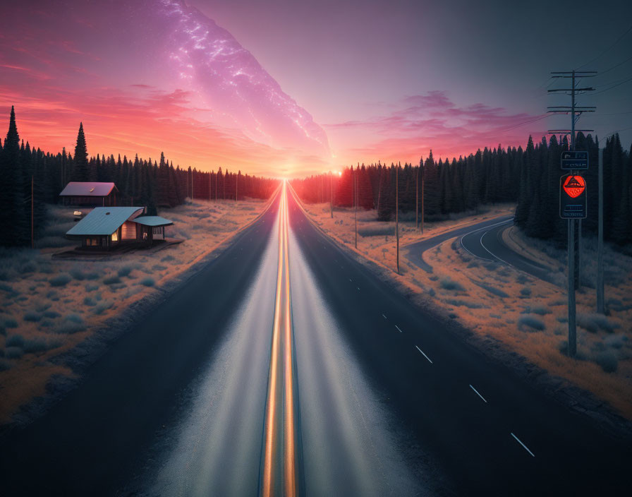 Vibrant sunset over road, house, and trees in purple sky