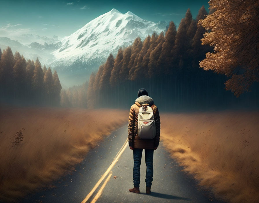 Person standing on empty road facing snowy mountain with autumnal trees and golden sky