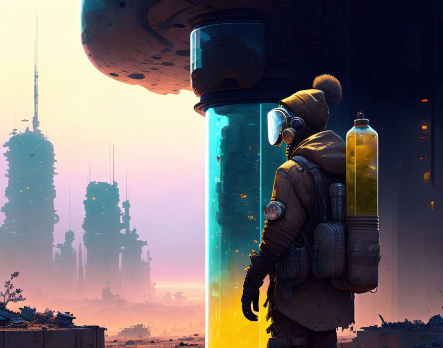 Spacesuit figure gazes at glowing structure in futuristic cityscape