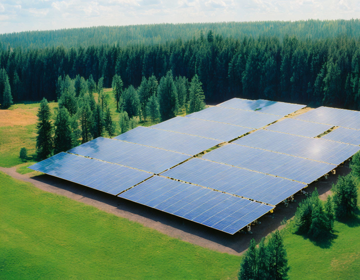 Photovoltaic panels in large solar farm field with surrounding trees