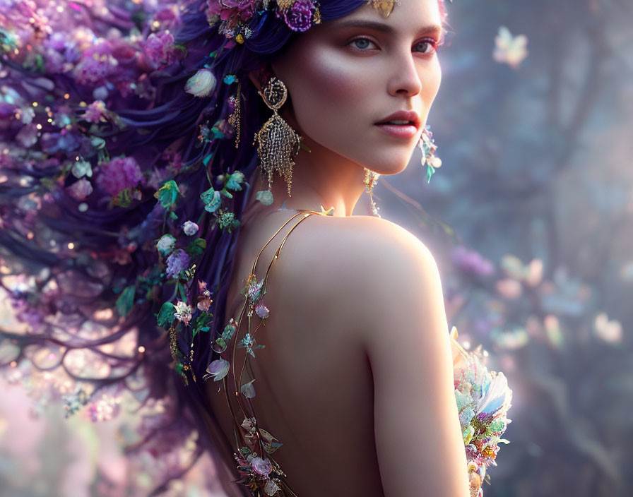 Portrait of woman with violet hair and floral jewelry on mystical backdrop