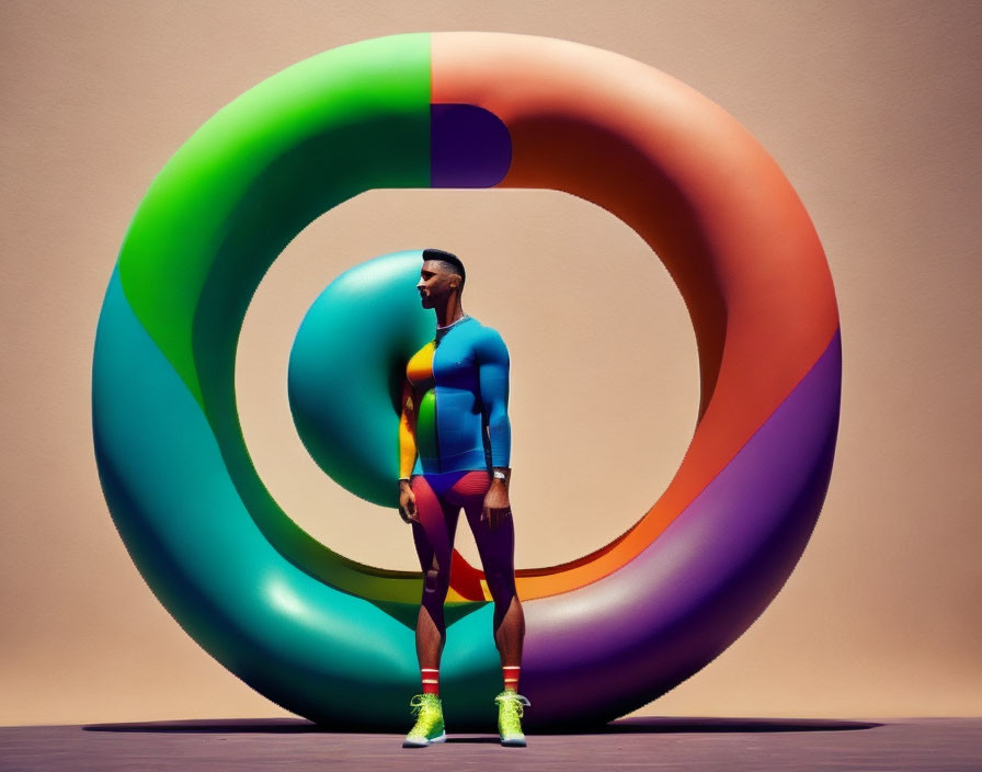 Colorful Athlete Poses by Multicolored Loop Sculpture