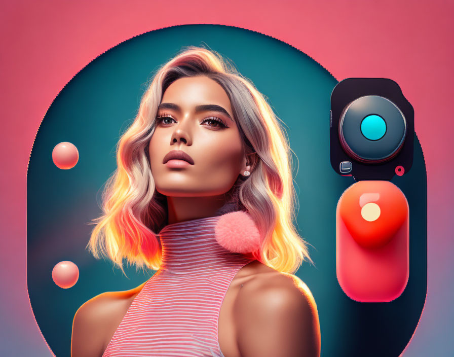 Colorful Stylized Portrait with Abstract Shapes and Camera Device