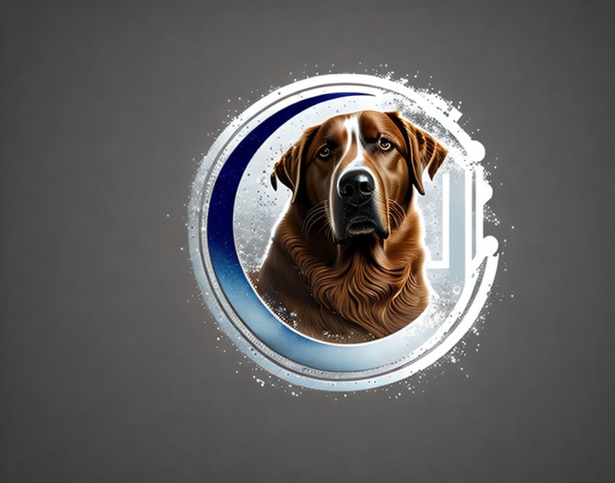 Brown dog head in blue and white circular frame on grey background