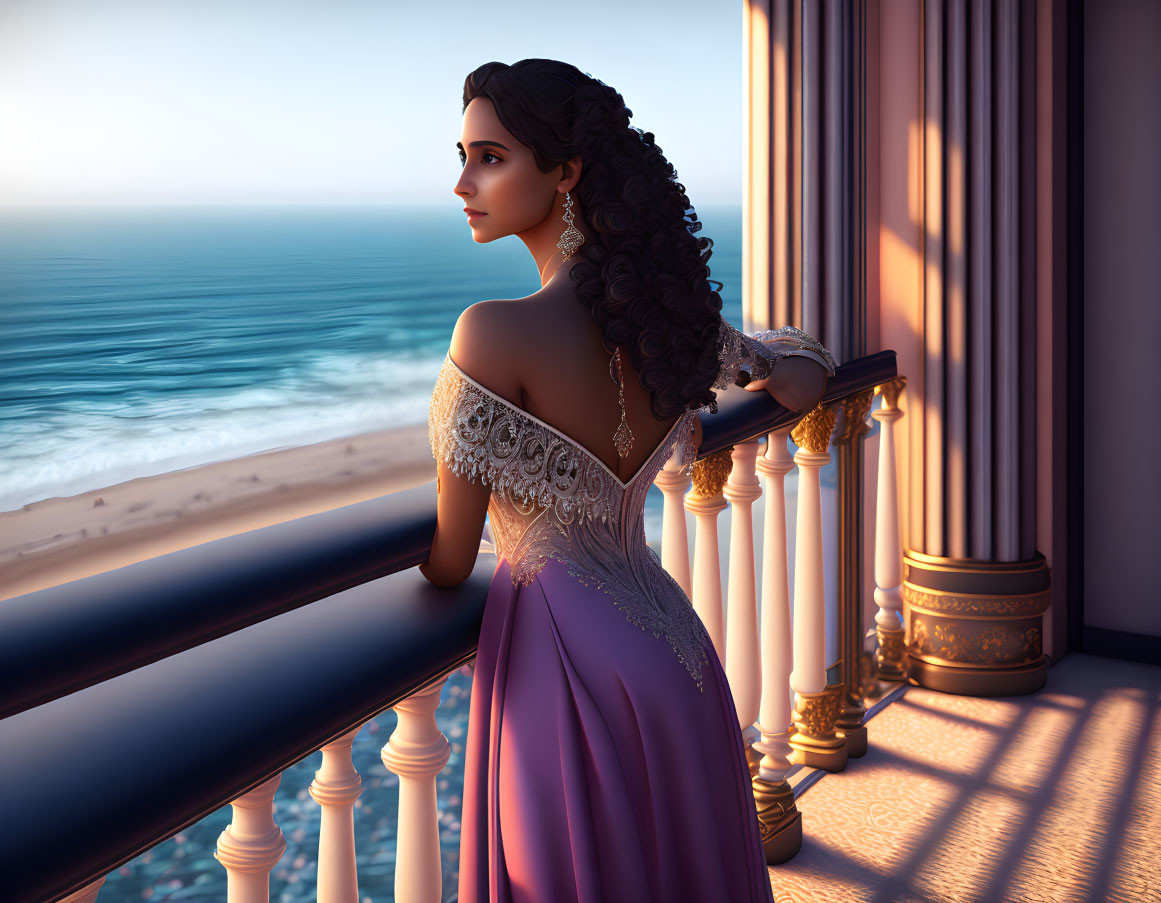 Illustrated woman in elegant gown on balcony overlooking serene ocean at sunset